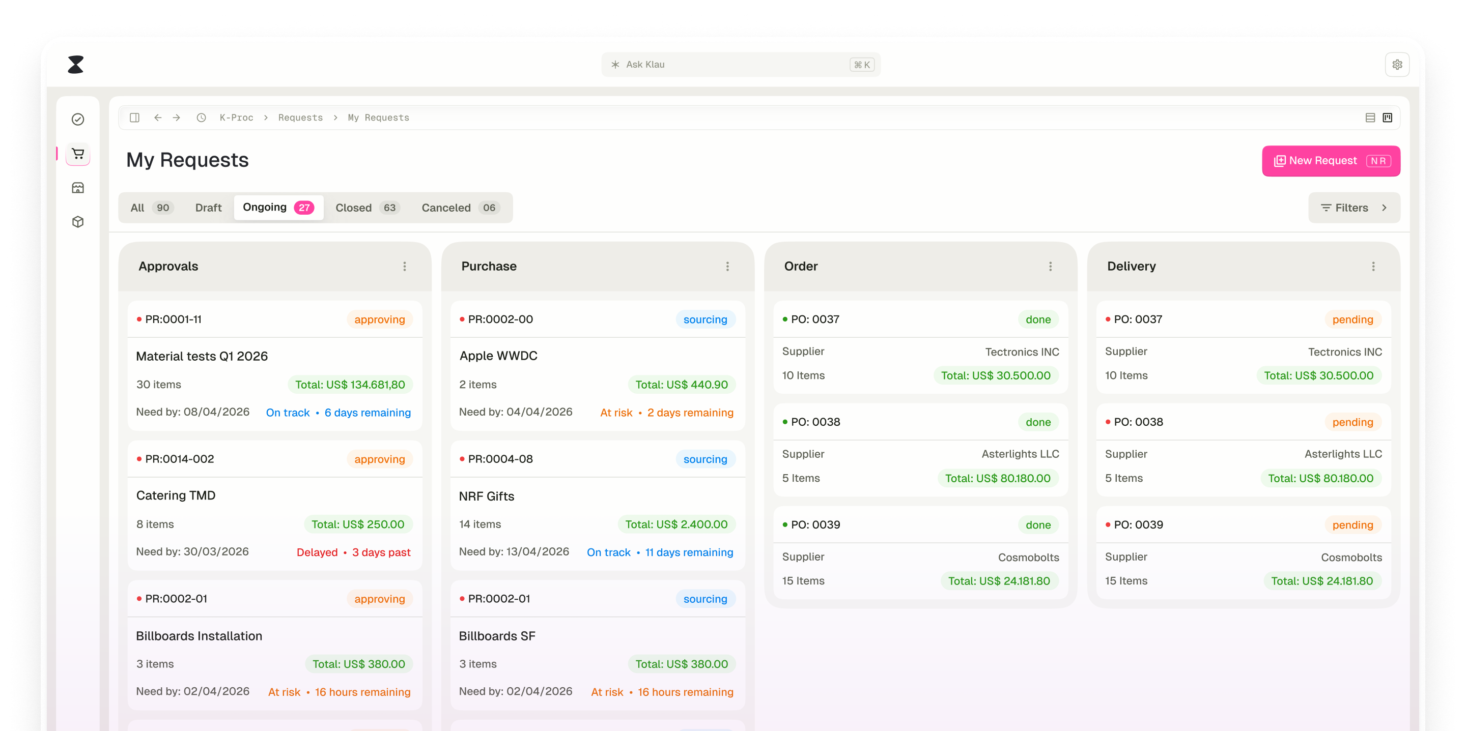 Klauvi app interface showing purchase requests