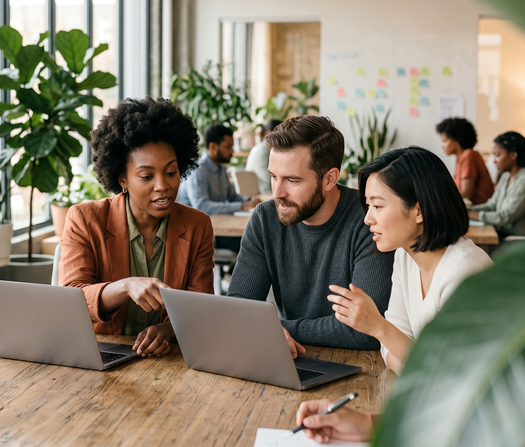 Procurement team collaborating around a laptop