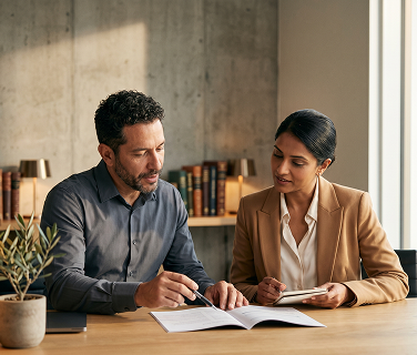 Finance professionals reviewing documents